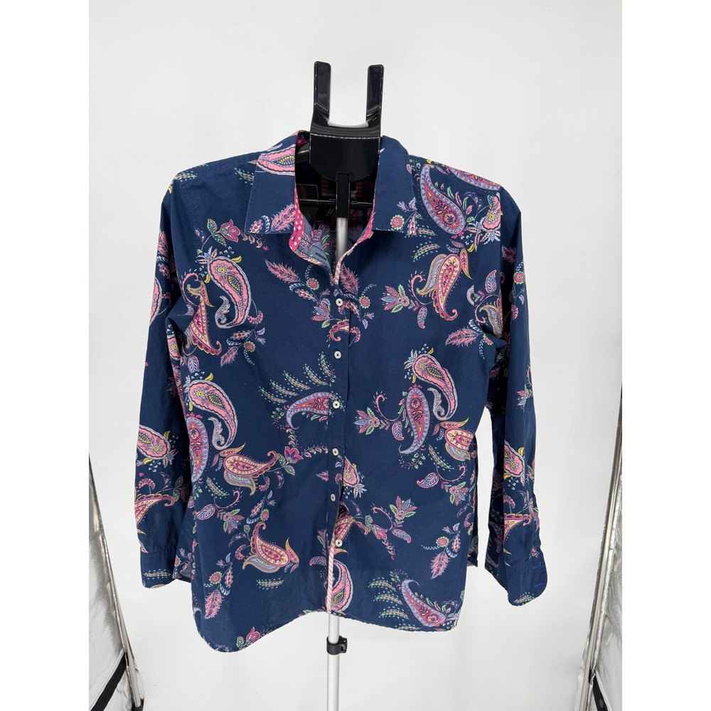 Talbots Button Down Shirt Womens L Navy Paisley Cotton Excellent Long Sleeve